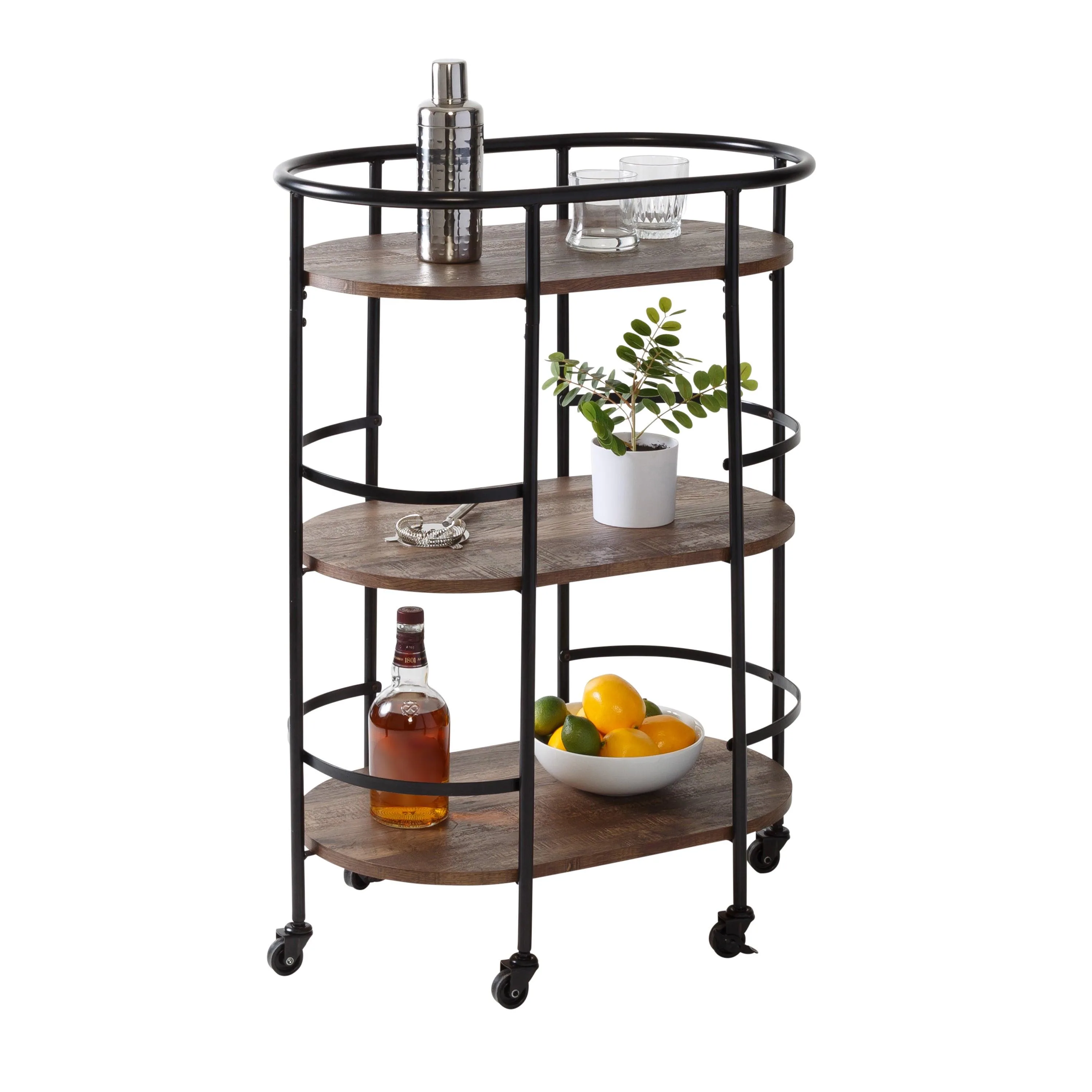 Honey-Can-Do 3 Tier Rolling Bar & Serving Cart Black & Rustic Brown