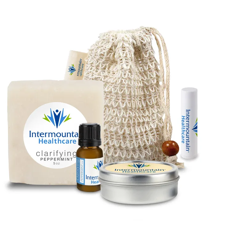 Loofah Bag with Soap, Essential Oil, Candle Tin, and Lip Balm