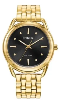 Citizen® Ladies Misc Classic Eco-Drive® Gold-Tone Bracelet Watch w/Black Dial