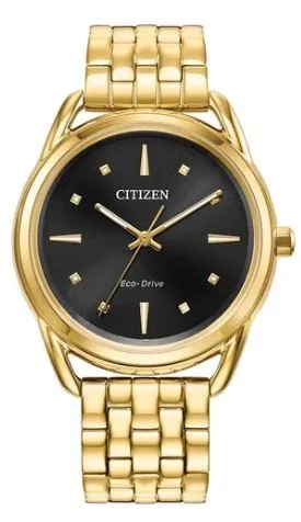 Citizen® Ladies Misc Classic Eco-Drive® Gold-Tone Bracelet Watch w/Black Dial