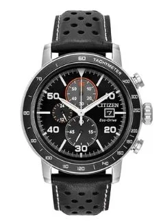 Citizen® Men's Brycen Eco-Drive® Watch w/Black Bezel & Black Leather Strap