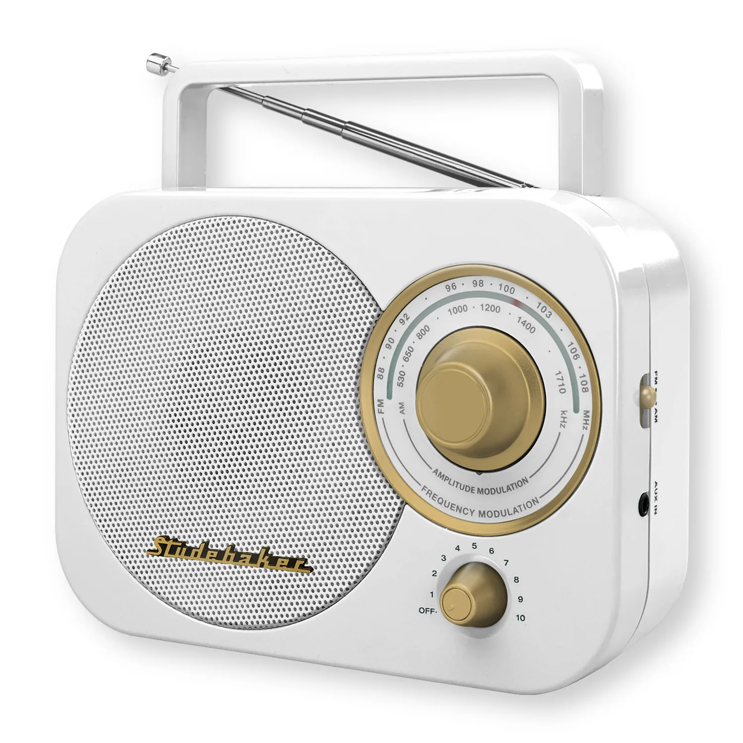 Studebaker White & Gold Portable AM/FM Receiver Radio