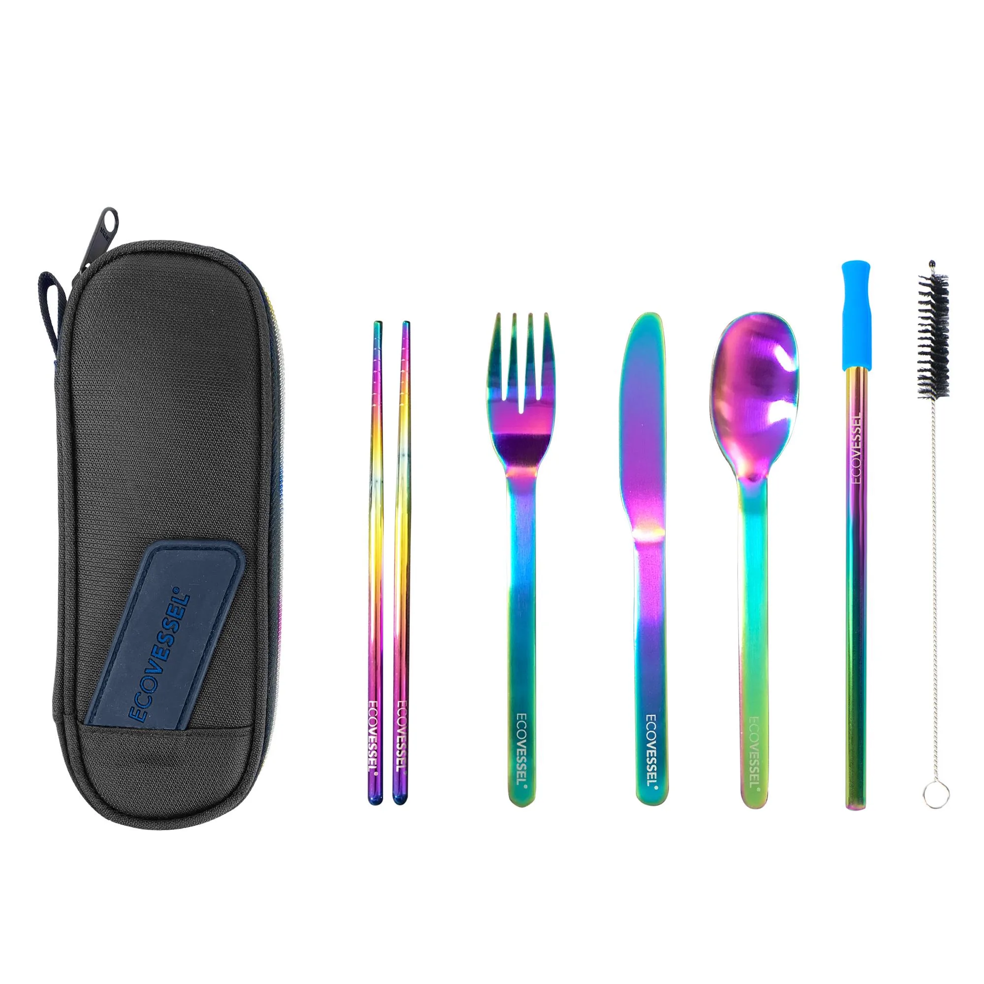 EcoVessel Wandware 6-Piece Reusable Ss Utensil Set W/Travel Pouch - Rainbow
