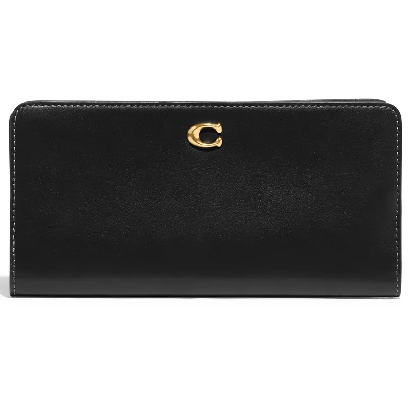 COACH® Smooth Leather Slim Accordion Zip Wallet- Black/Brass