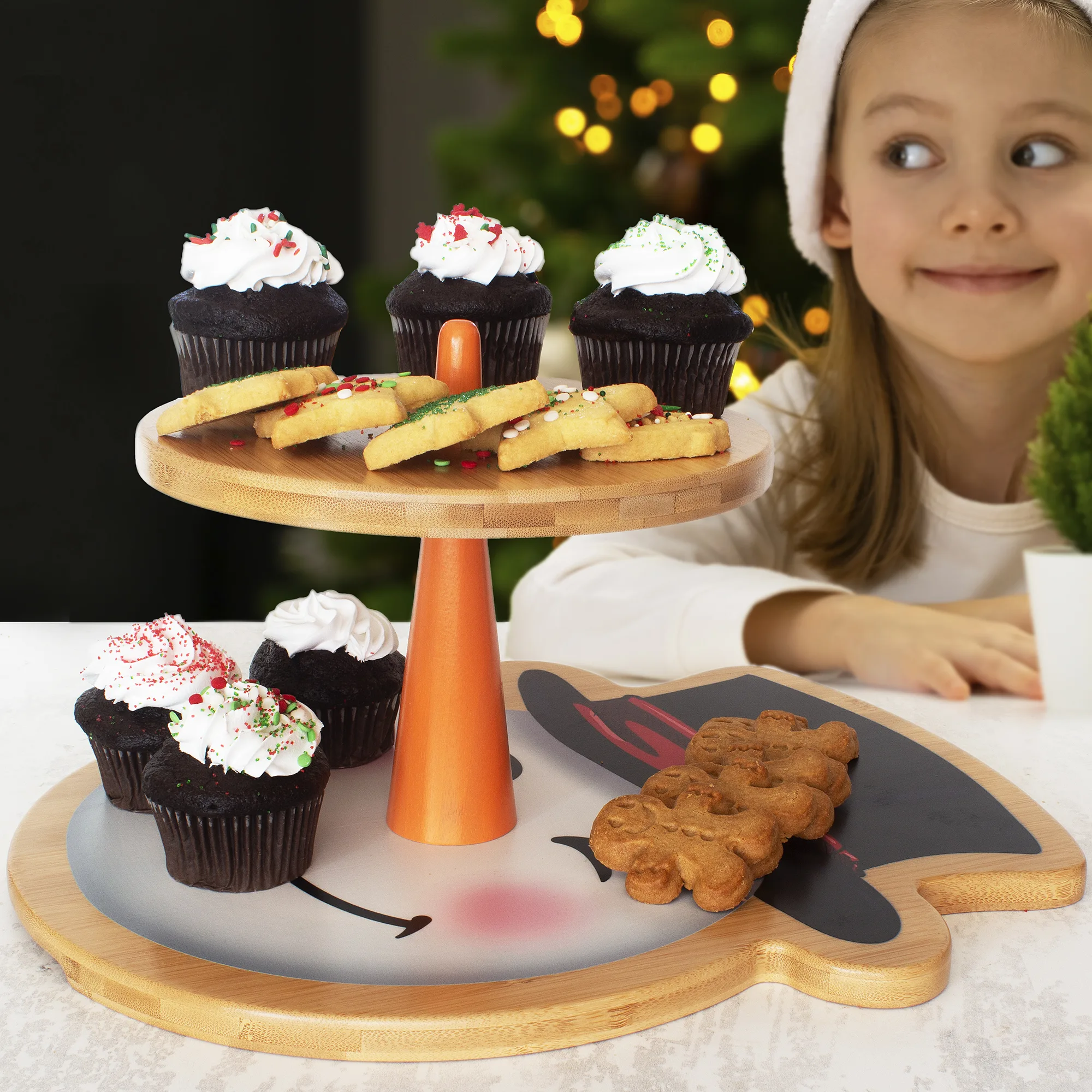 Snowman Bamboo 2-Tiered Serving Stand view 3