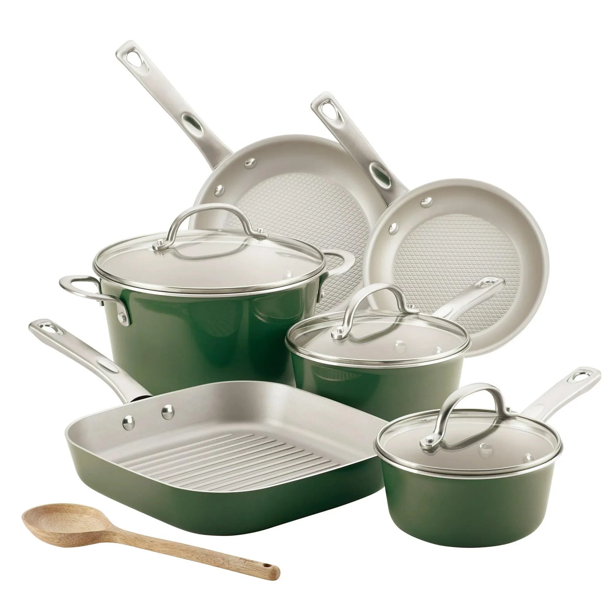 Ayesha Curry 10 Piece Home Collection Porcelain Enamel Basil Green Nonstick Cookware Set