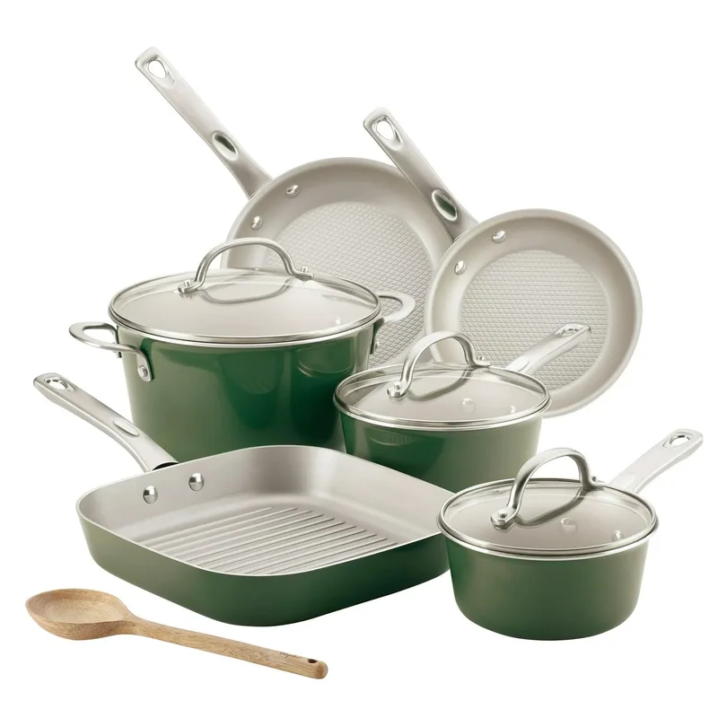 Ayesha Curry 10 Piece Home Collection Porcelain Enamel Basil Green Nonstick Cookware Set