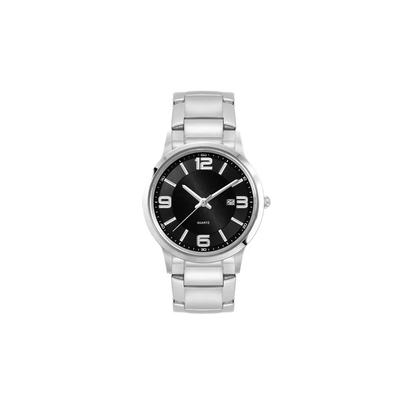 Ladies Black Case Watch Ladies Silver Stainless Steel Case, Black Sunray Dial, and Silver Stainless