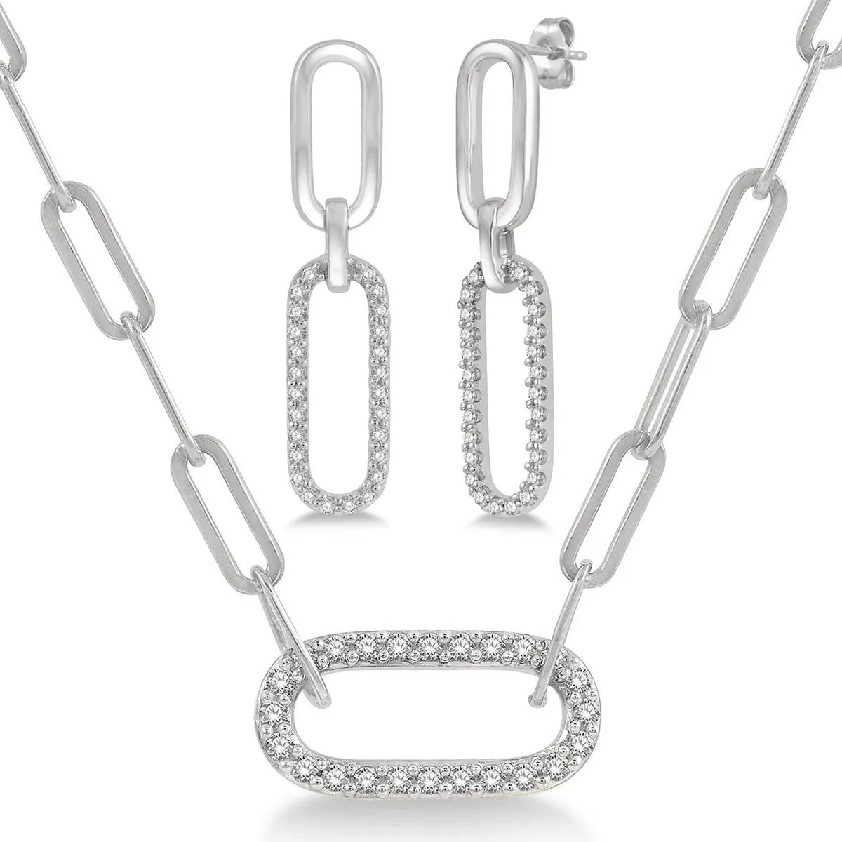 Jilco Inc Diamond Paperclip Earring And Necklace Set - White Gold