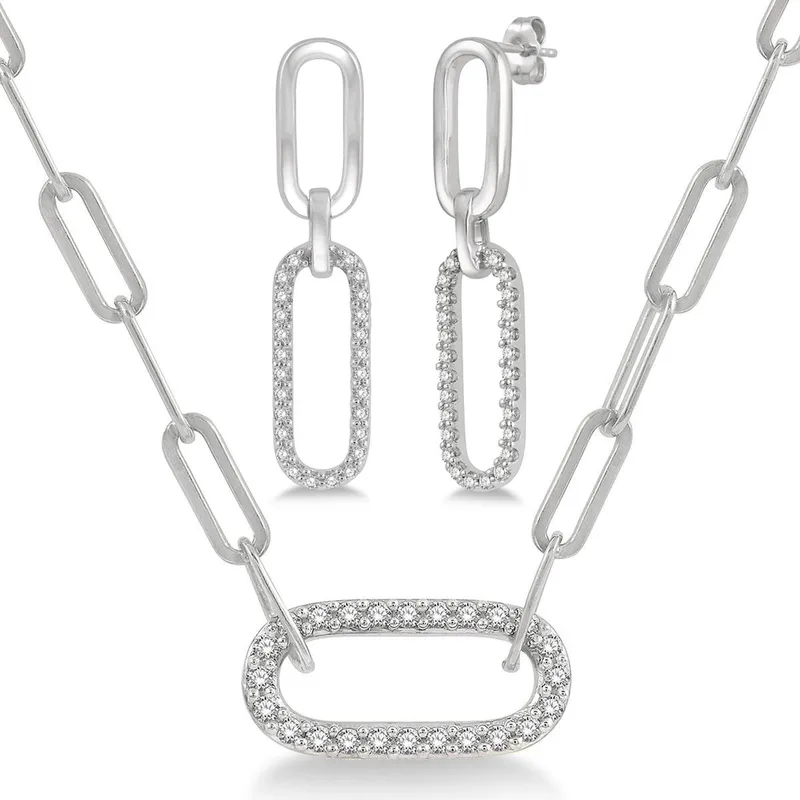 Jilco Inc Diamond Paperclip Earring And Necklace Set - White Gold