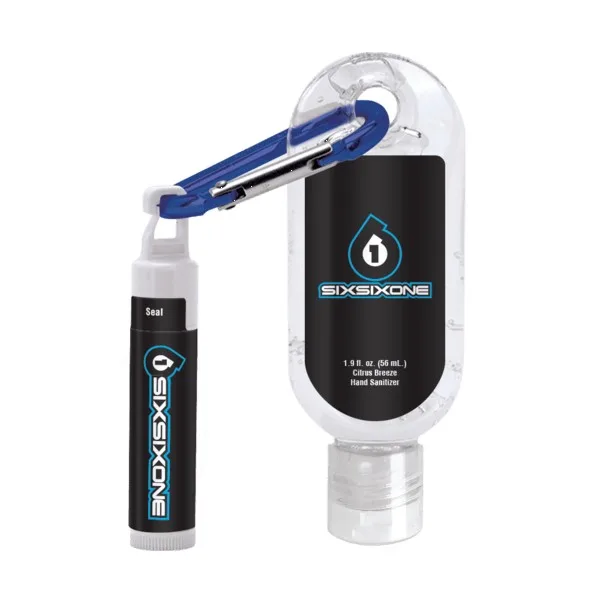 1.9 oz Clear Sanitizer with Carabiner attached to SPF 15 Lip Balm view 2