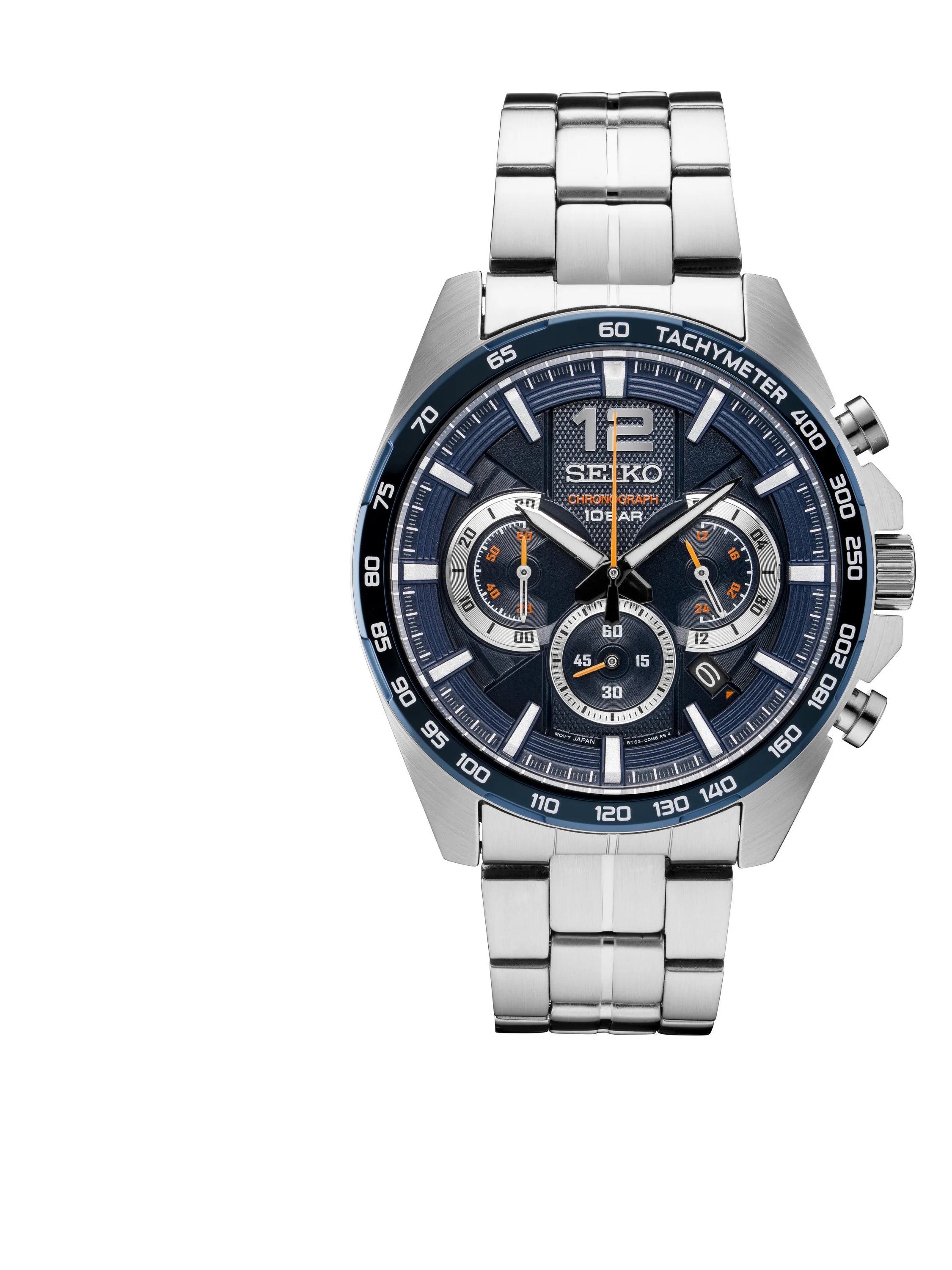 Seiko Watch Mens Chronograph Silver Case w/Blue Dial w/Orange Accents