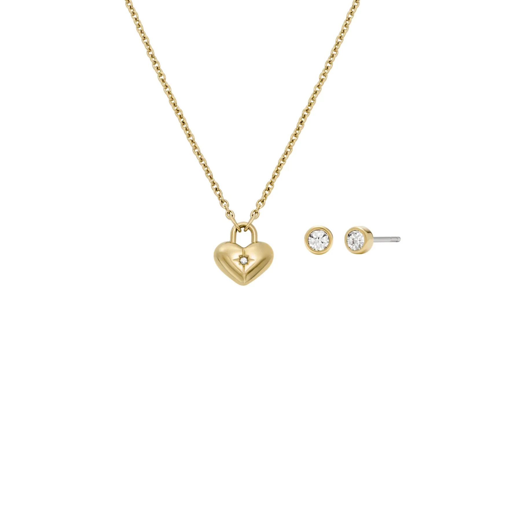 Fossil Sadie Gold-Tone Stainless Steel Heart Necklace and Earrings Gift Set
