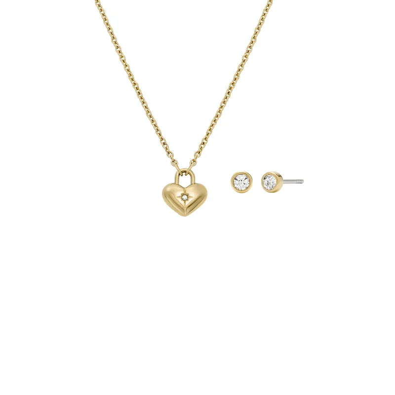 Fossil Sadie Gold-Tone Stainless Steel Heart Necklace and Earrings Gift Set