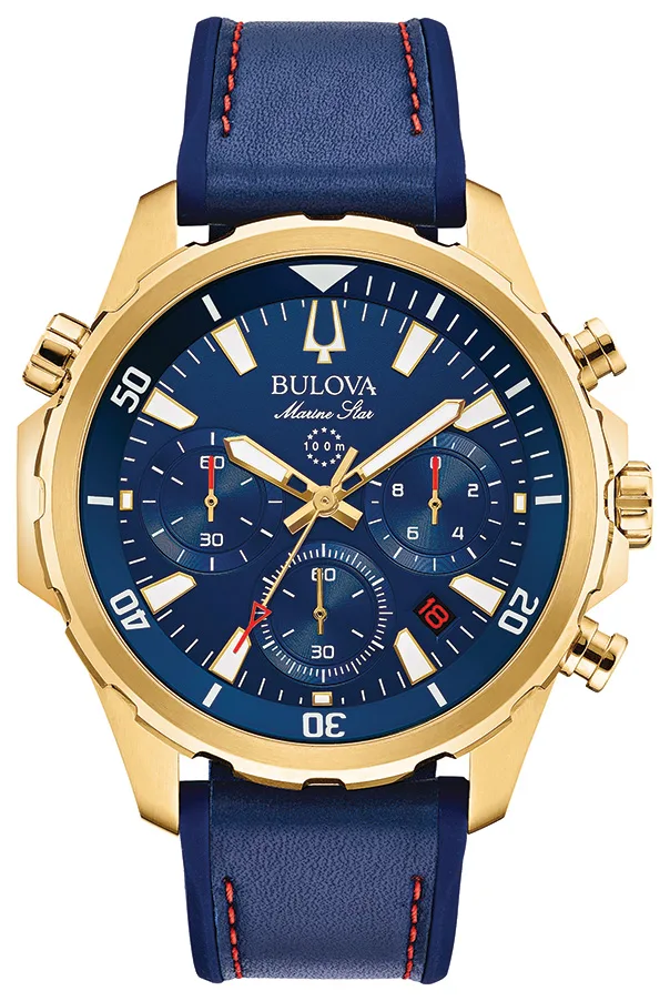 Bulova Watches Men's Marine Star Sporty Blue Dial w/Blue Leather & Silicone Strap