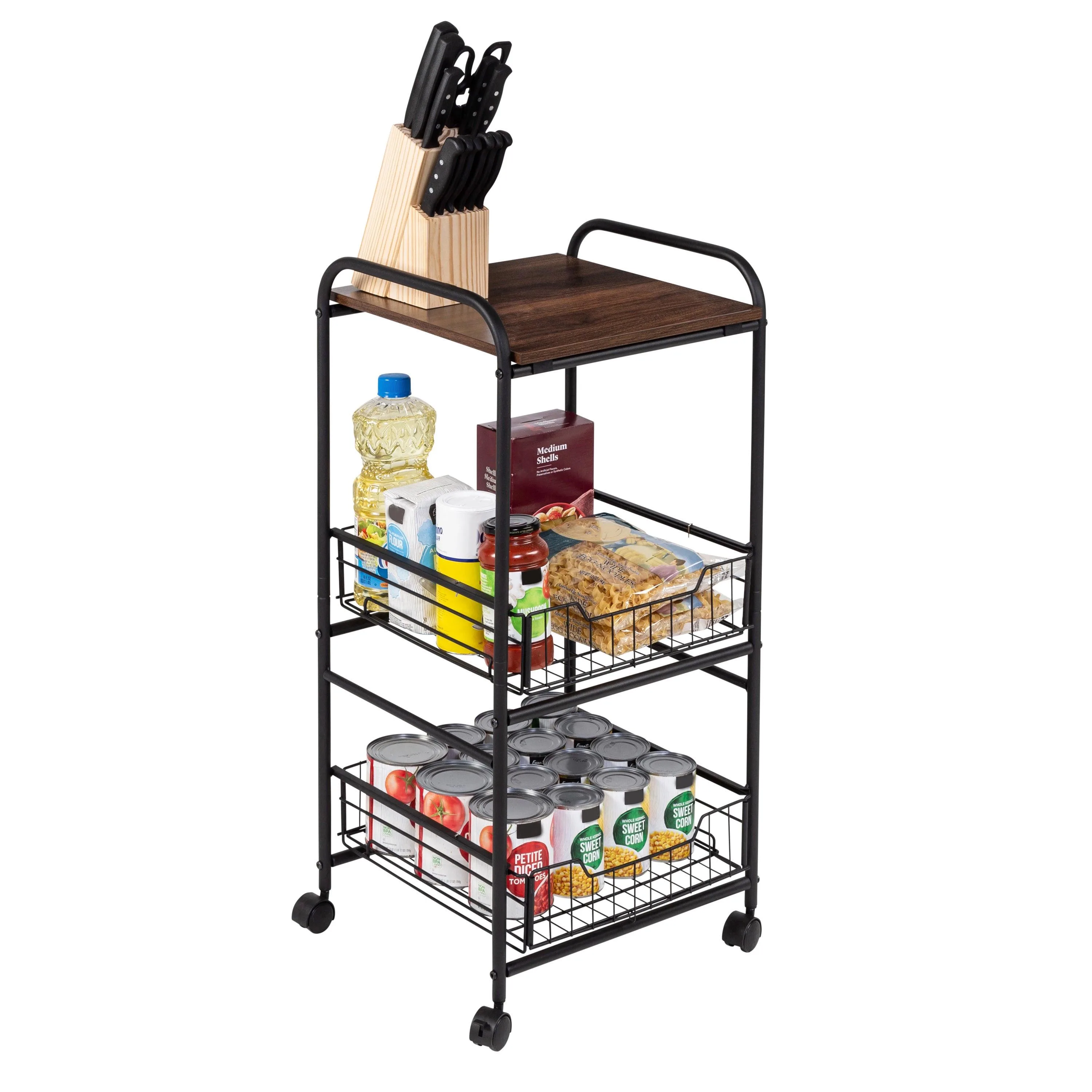 Honey-Can-Do 3 Tier Slim Rolling Cart W/ Metal Baskets Black/Natural