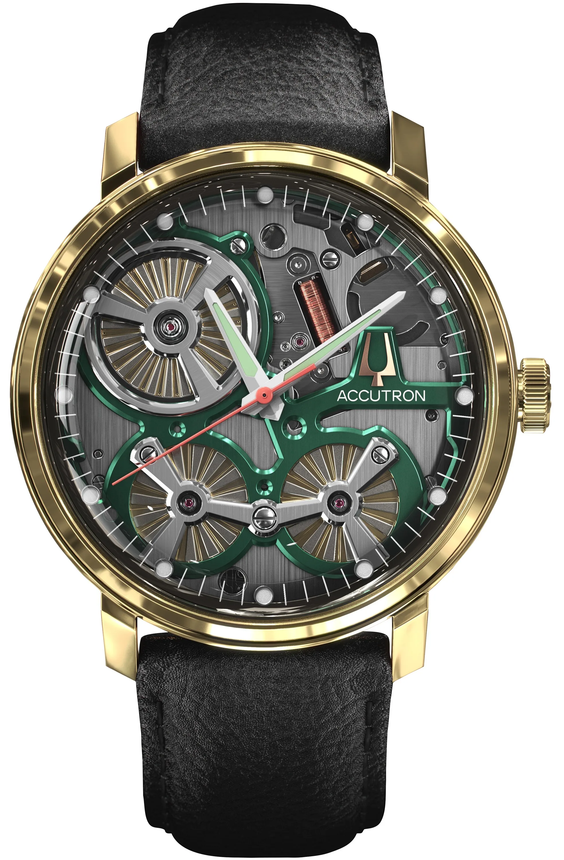 Accutron Mens Accutron Spaceview Leather Strap Watch Green Dial
