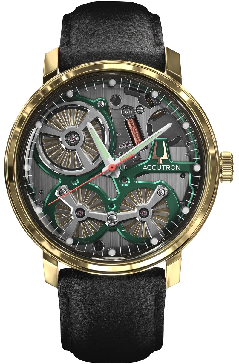 Accutron Mens Accutron Spaceview Leather Strap Watch Green Dial