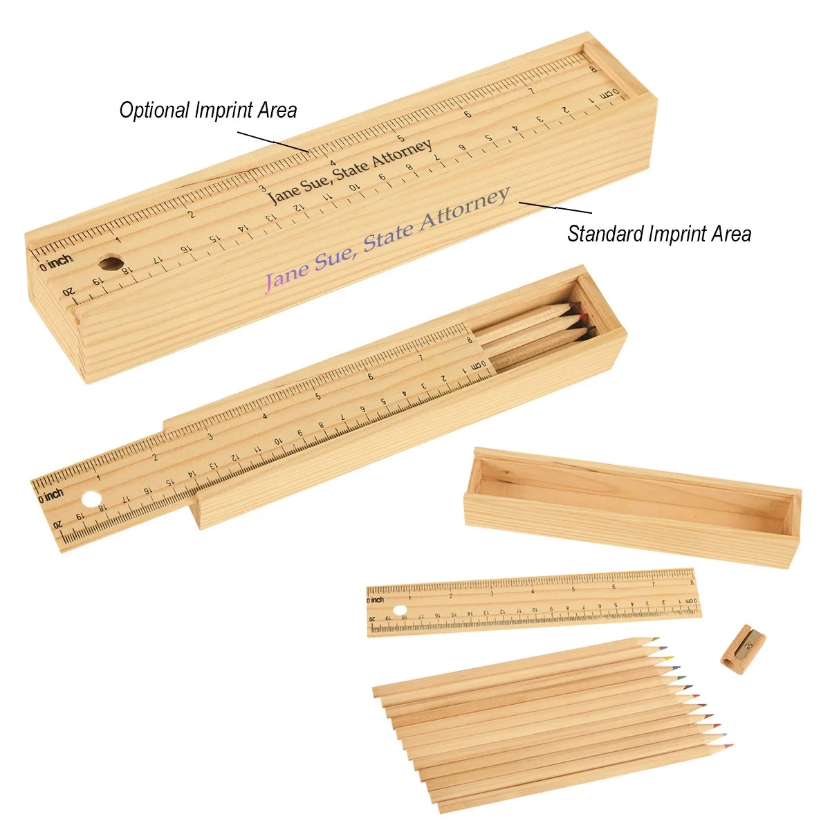 12- Piece Colored Pencil Set In Wooden Ruler Box view 2