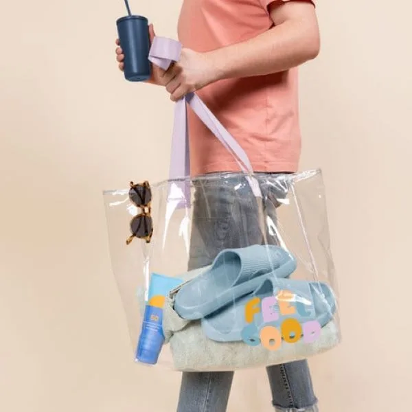 All Day Tote - Clear Vinyl - Large — Red Webbing (PMS 200C)