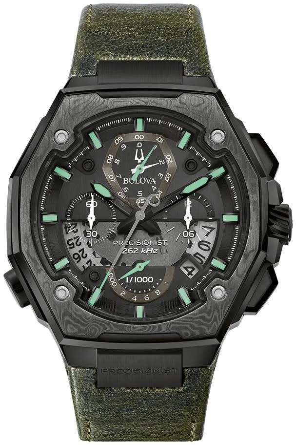 Bulova Watches Men's Precisionist Gray Damascus Steel w/Chronograph Dial And Green Leather Strap