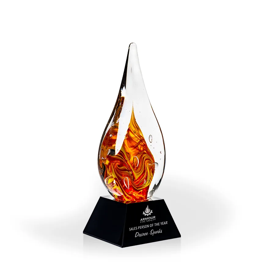Glimmer Flame Art Glass Award - Black Pyramid Base