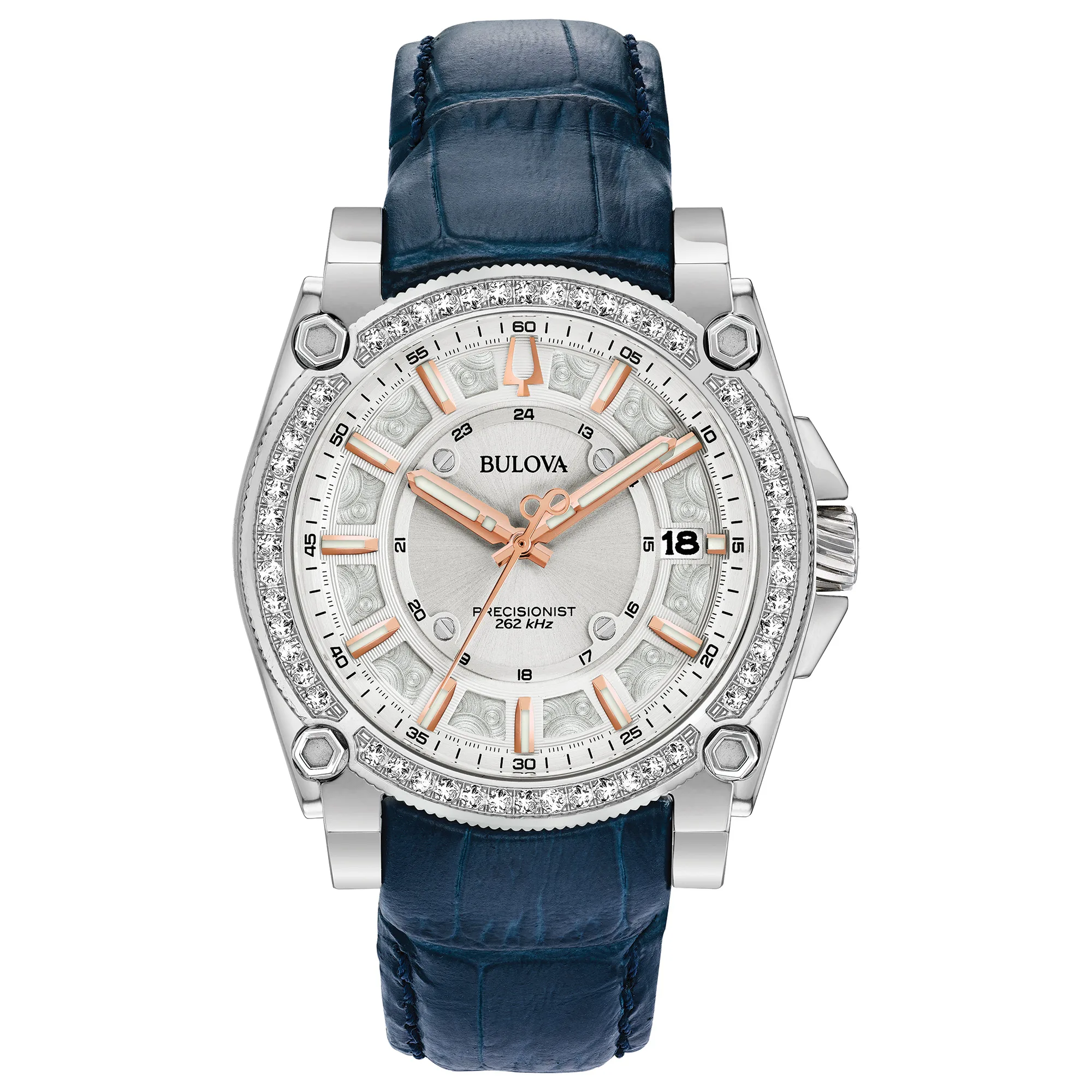 Bulova Watches Ladies' Diamond Dial Precisionist w/Blue Croco-Embossed Leather Strap