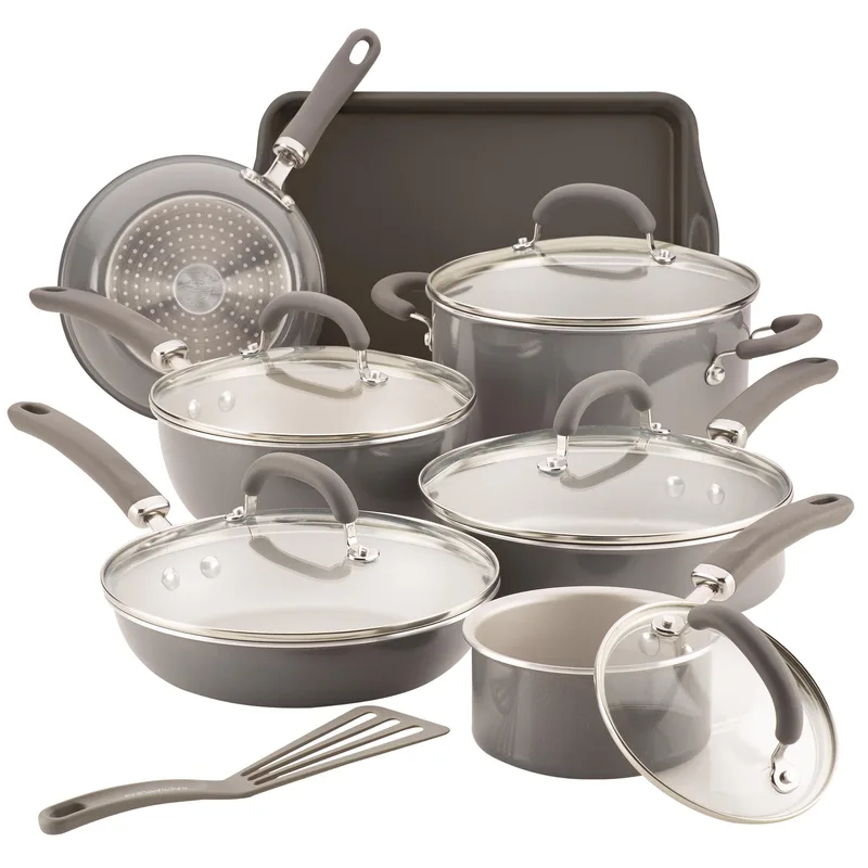 Rachael Ray Create Delicious 13 Piece Enameled Gray Shimmer Aluminum Cookware