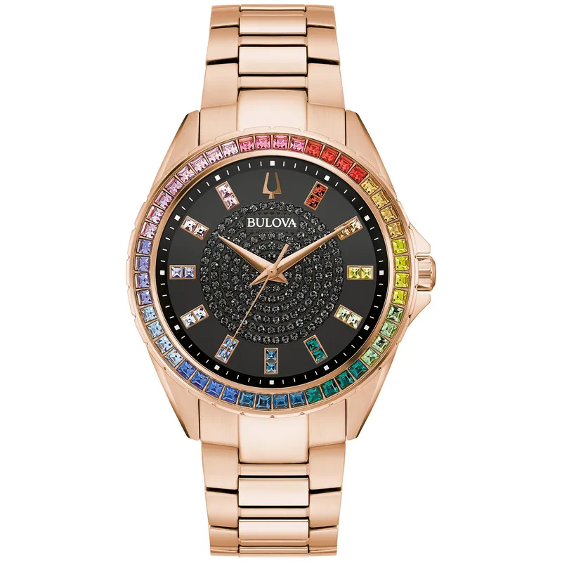 Bulova Watches Mens Phantom Stainless Steel Bracelet Watch Black Dial