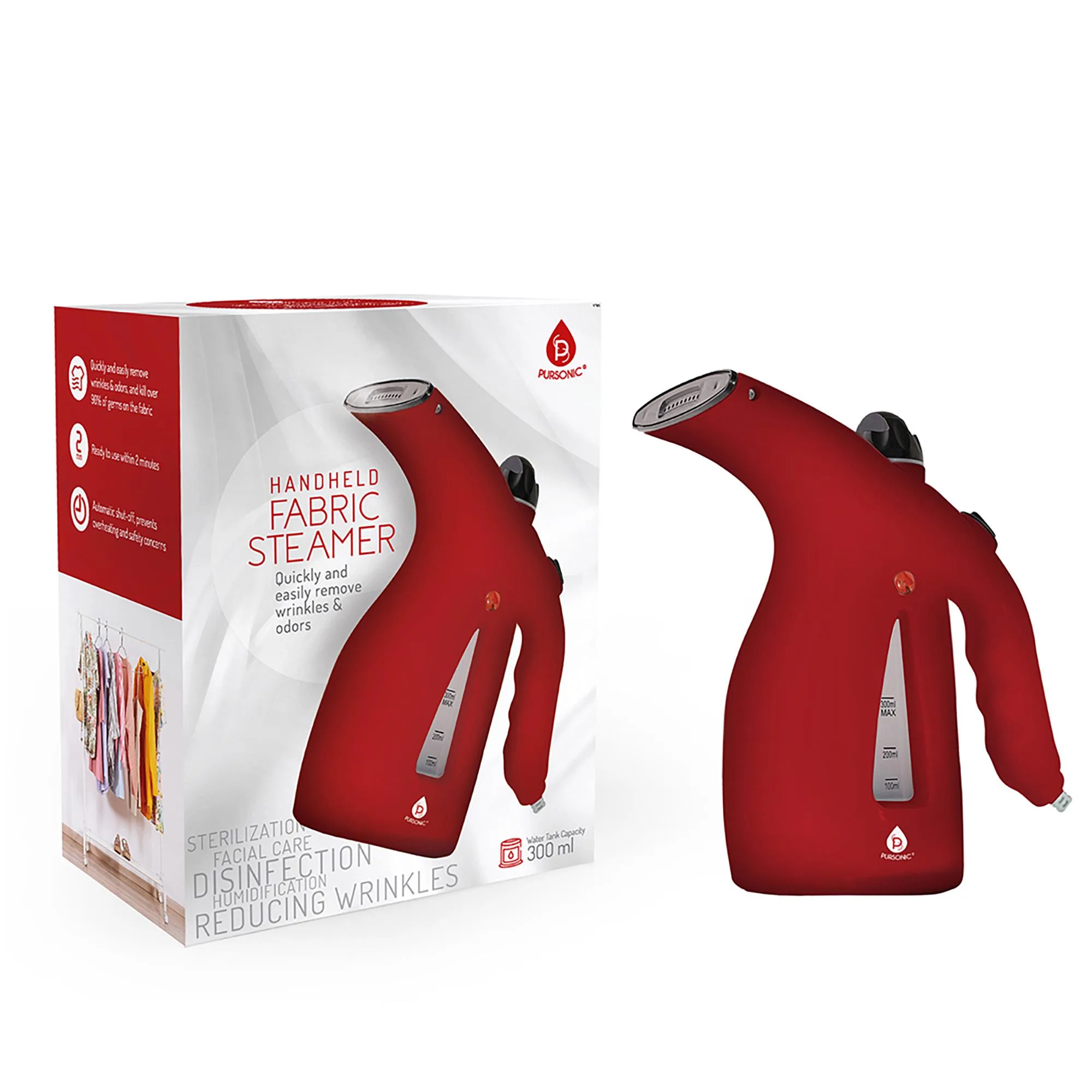 Pursonic 300Ml Handheld Fabric Fast 2 Minute Heat-Up Powerful Travel Clothes Garment Steamer - Red