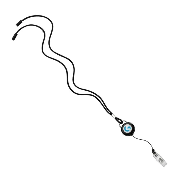 Imported 1/8" Polyester Cord Lanyard with Silver Crimp, Badge Reel, and Back of Neck Plastic Barrel