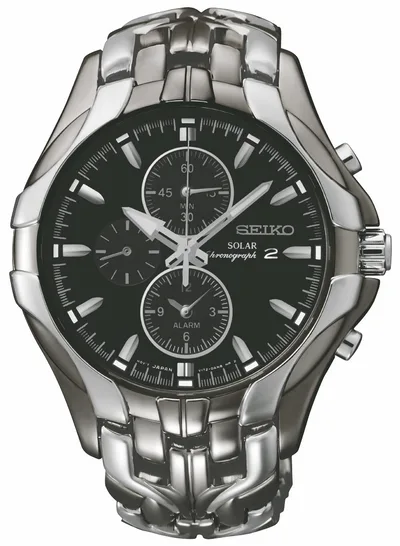 Seiko Watch Mens Solar Alarm Chronograph Black Case Black Dial