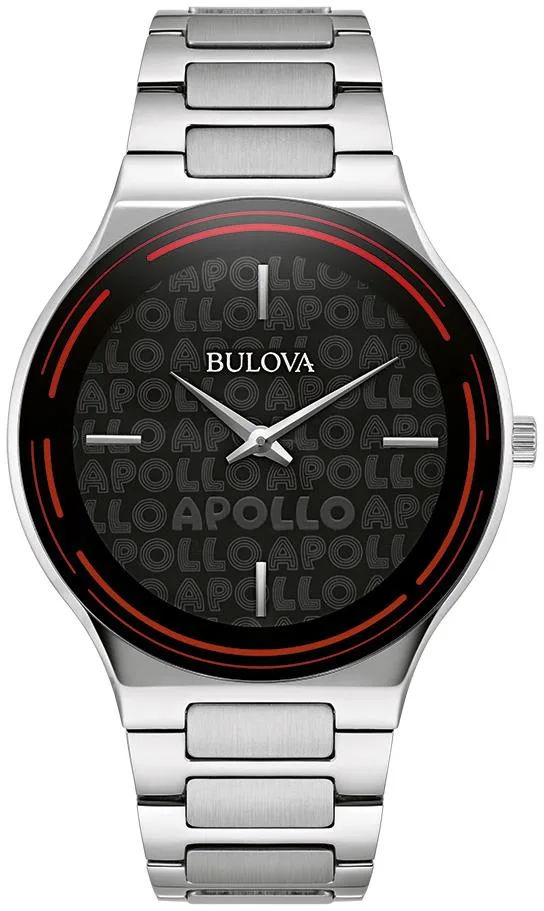 Bulova Watches Men's Apollo Silver-Tone Stainless Steel Bracelet Watch Black Dial
