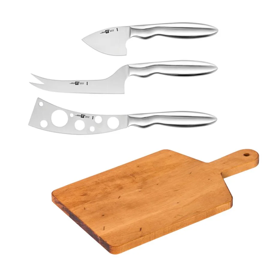 JA Henckels Zwilling 3-Piece Cheese Knife Set Plus Maple Artisan Cheese Board