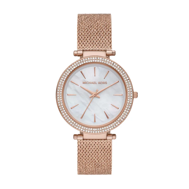 Michael Kors Ladies Darci Rose Gold Mesh Stainless Steel Watch Mother-Of-Pearl Dial