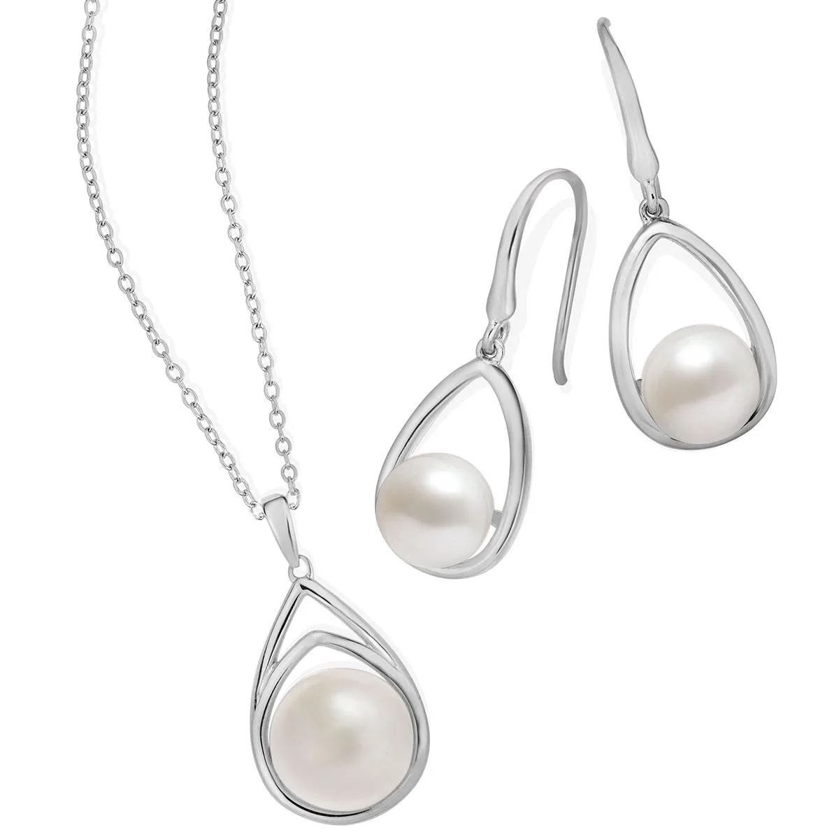 Jilco Inc Modern Pearl Earring And Necklace Set - Sterling Silver