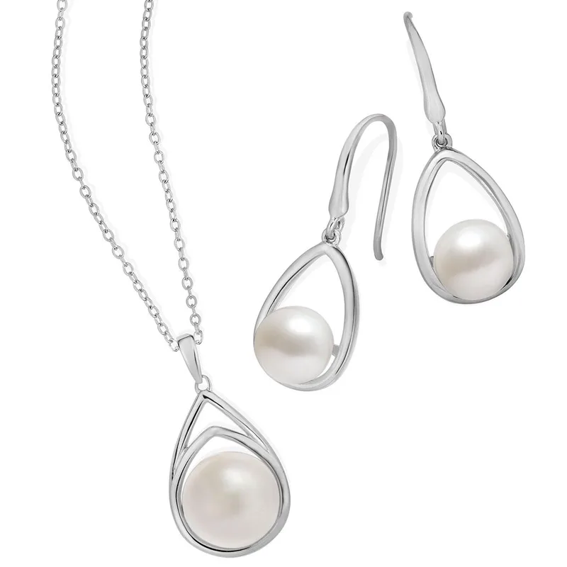 Jilco Inc Modern Pearl Earring And Necklace Set - Sterling Silver