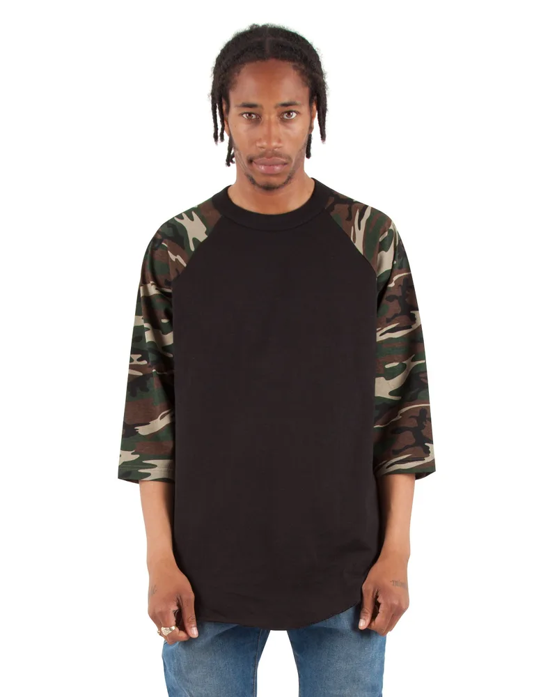 SHAKA WEAR Adult Three-Quarter Sleeve Camo Raglan T-Shirt