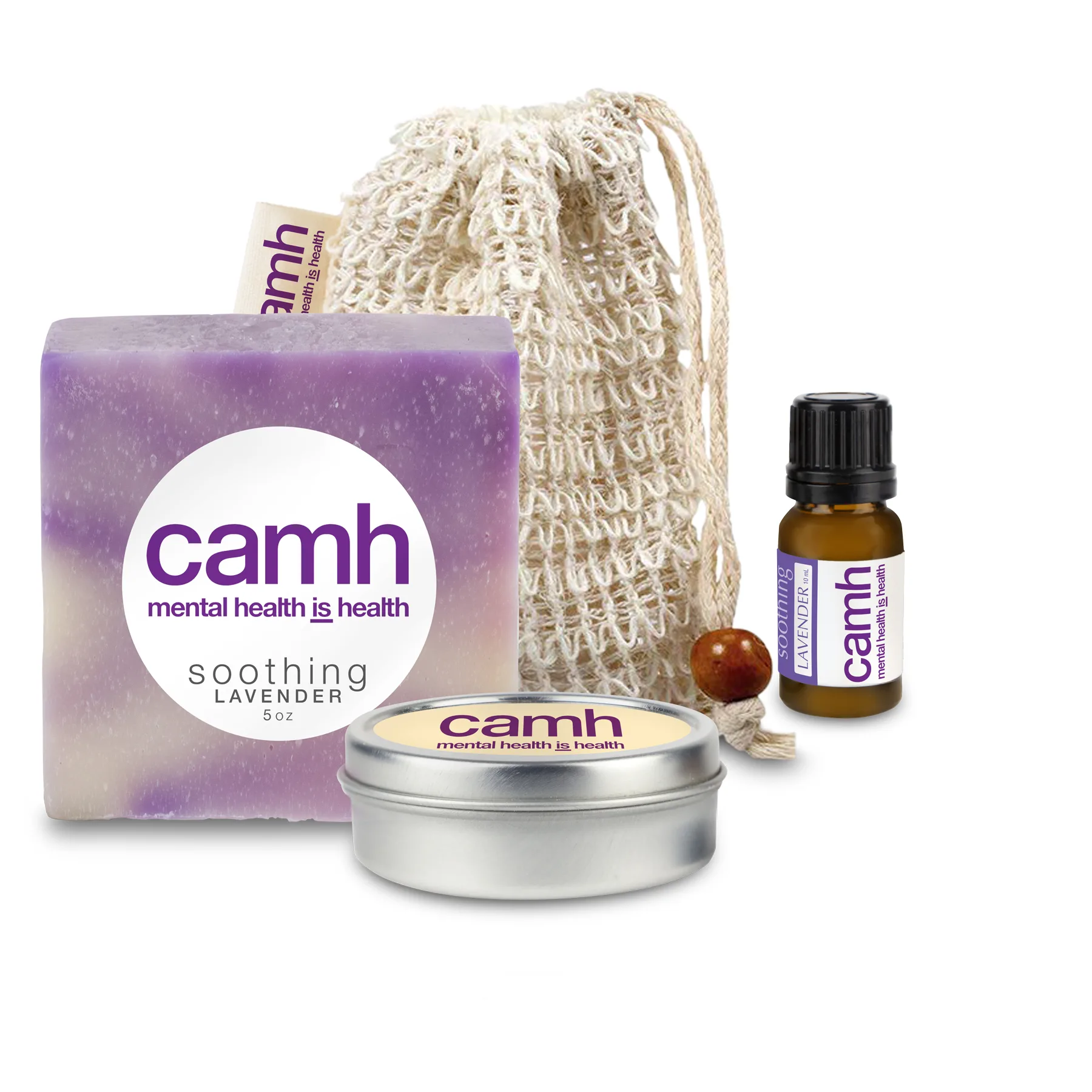 Loofah Bag with Soap, Candle Tin, and Essential Oil