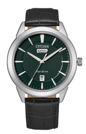 Citizen® Men's Corso Eco-Drive® Watch w/Black Leather Strap & Green Dial