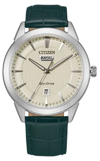 Citizen® Men's Corso Eco-Drive® Watch w/Green Leather Strap & Ivory Dial