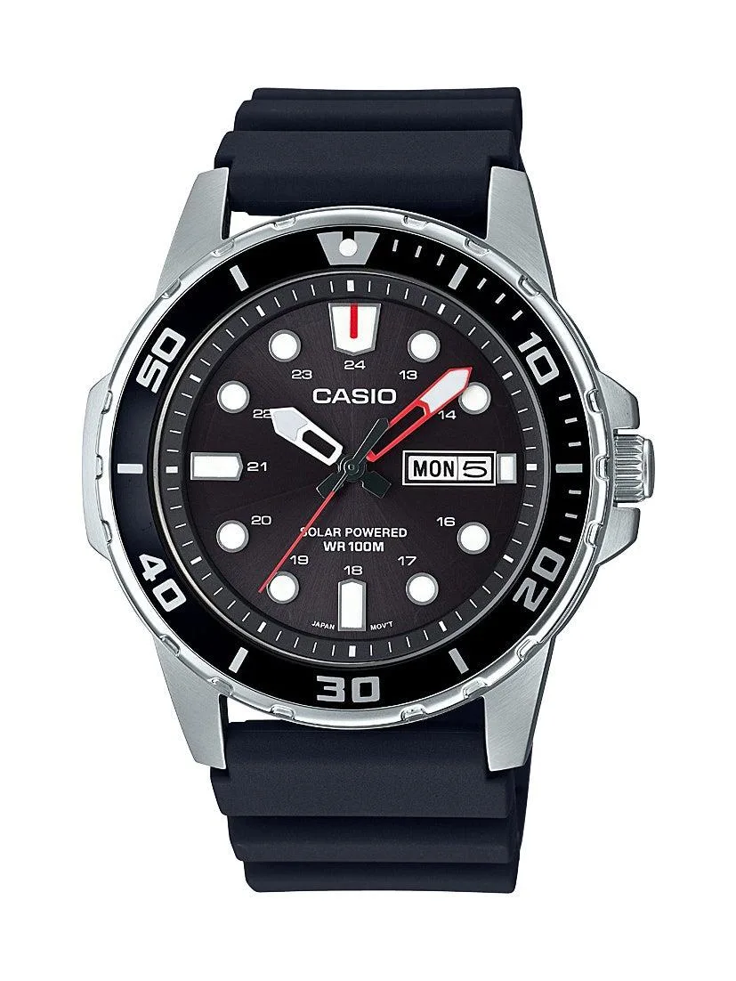 Casio Mens Classic Diver Inspired Analog Solar Black Strap Watch Black Dial