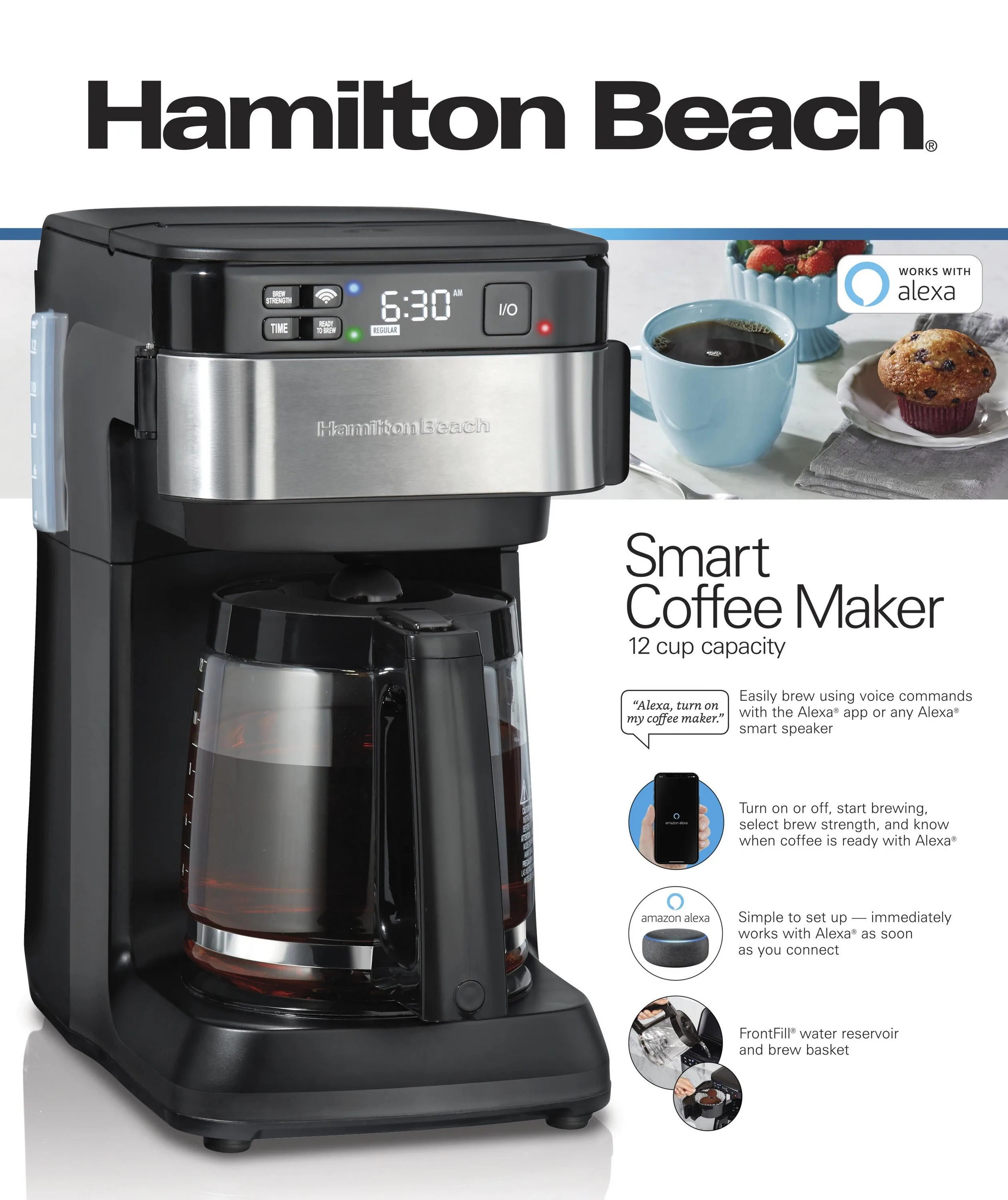 Hamilton Beach Works With Alexa Smart Coffee Maker, Programmable, 12 Cup Capacity, Black And Stainle