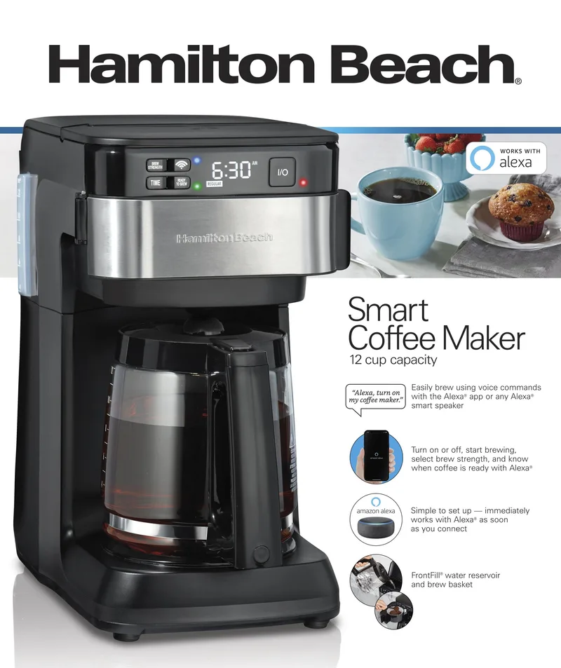 Hamilton Beach Works With Alexa Smart Coffee Maker, Programmable, 12 Cup Capacity, Black And Stainle