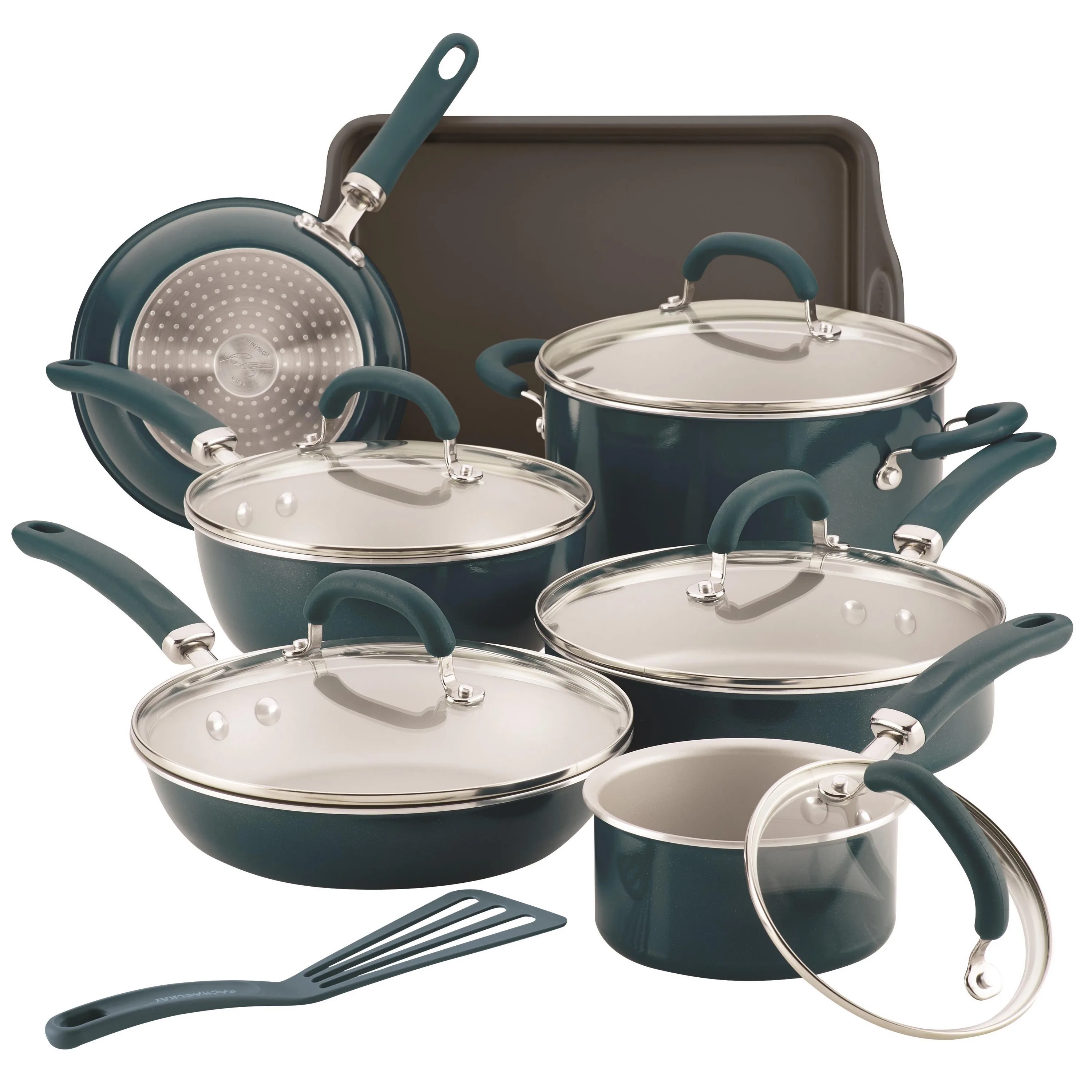 Rachael Ray Create Delicious 13 Piece Enameled Teal Shimmer Aluminum Cookware