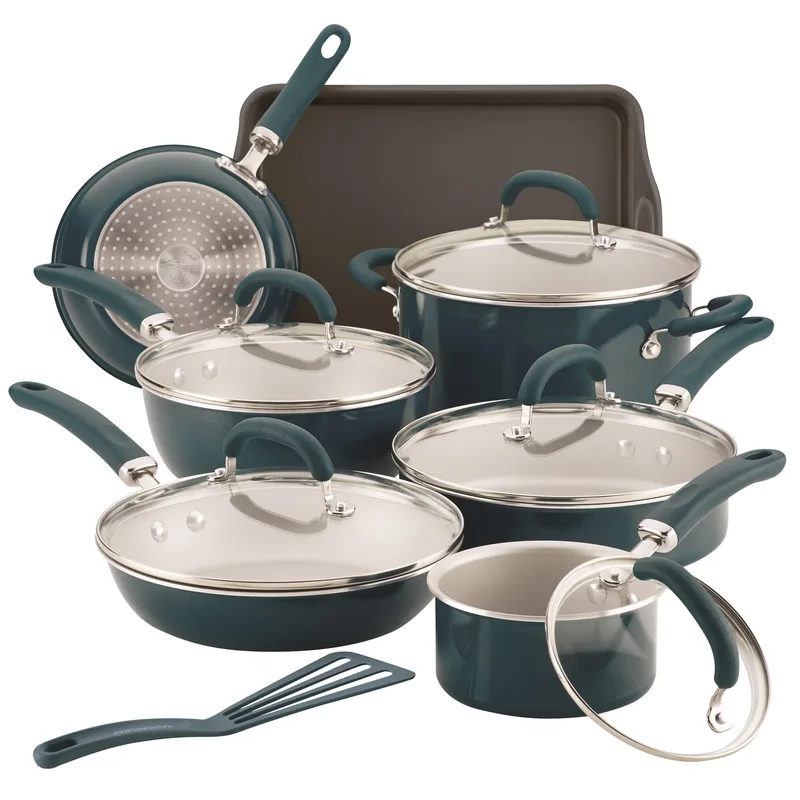 Rachael Ray Create Delicious 13 Piece Enameled Teal Shimmer Aluminum Cookware