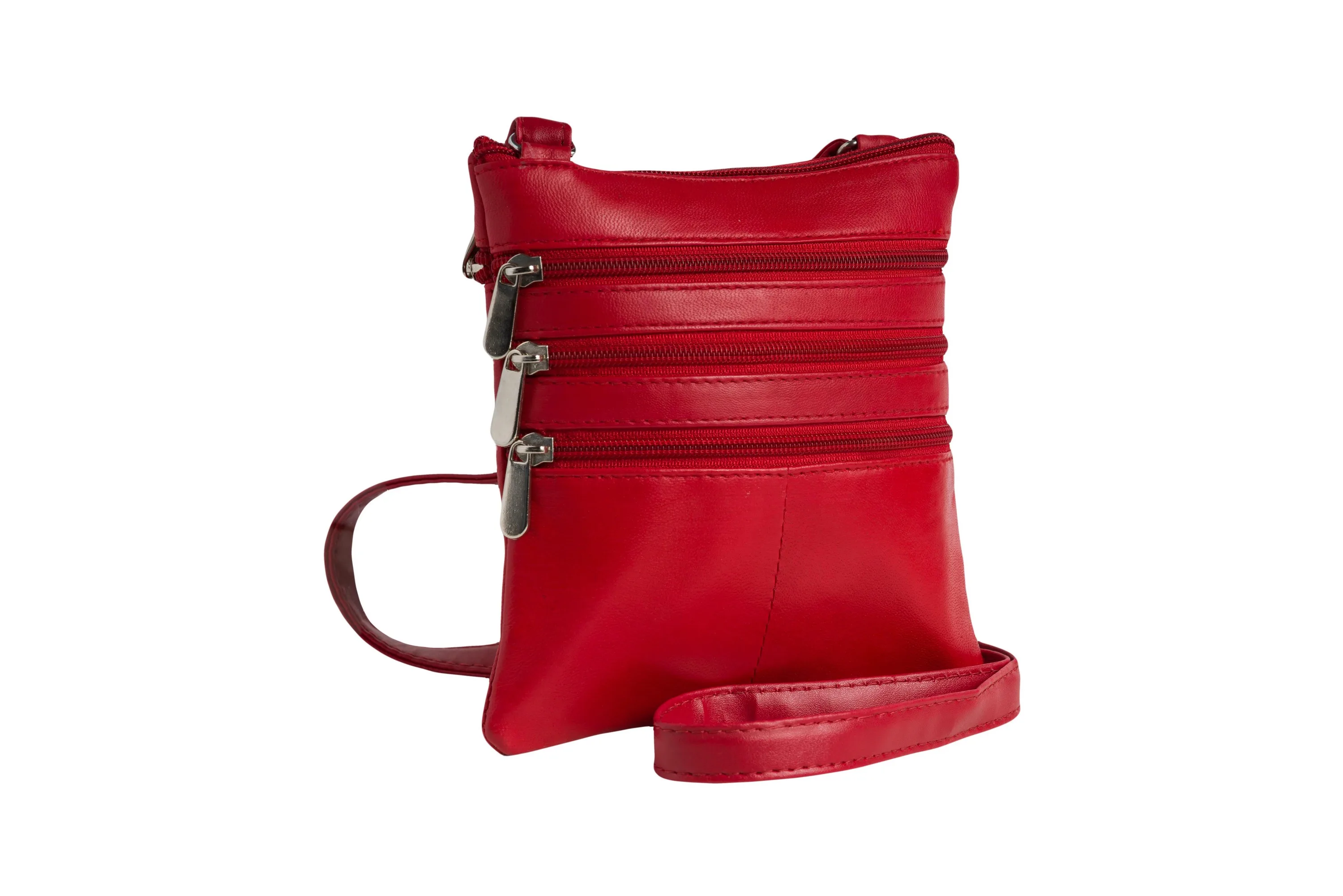 Champs Luggage Red Leather Triple Zip Crossbody Bag Size 7"X7"X0.5"
