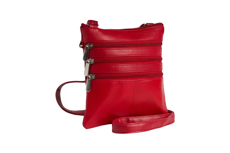 Champs Luggage Red Leather Triple Zip Crossbody Bag Size 7"X7"X0.5"