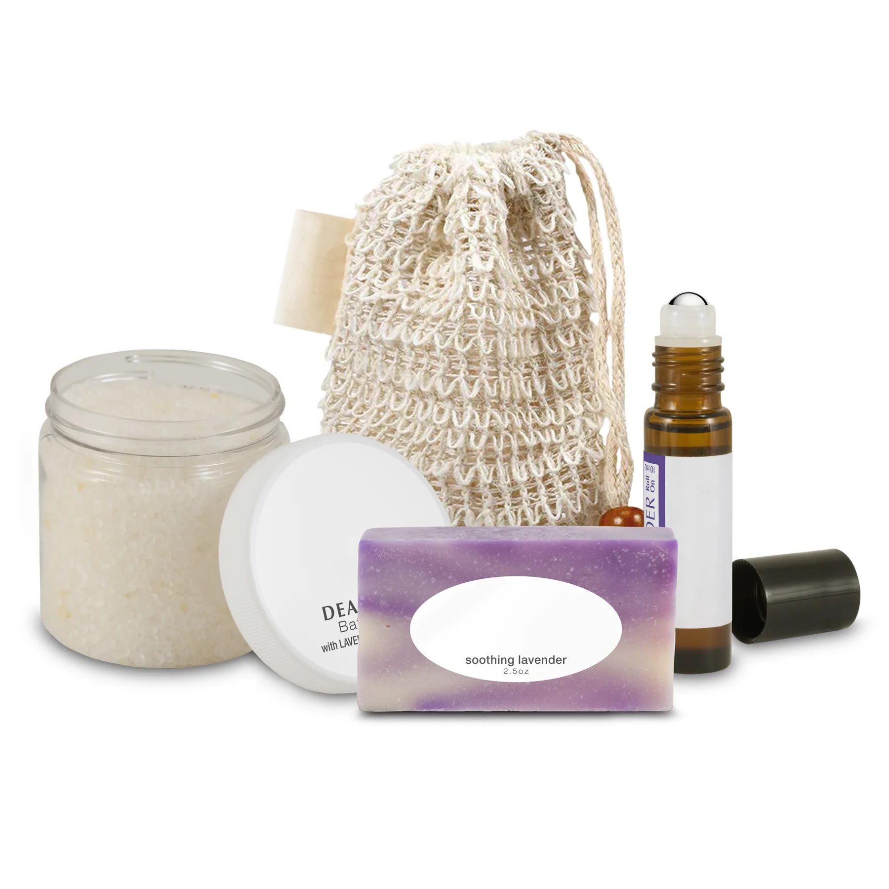 Loofah Bag with Sewn-in Tag: Bath Salts, Mini Soap, and Roll-On Essential Oil view 2