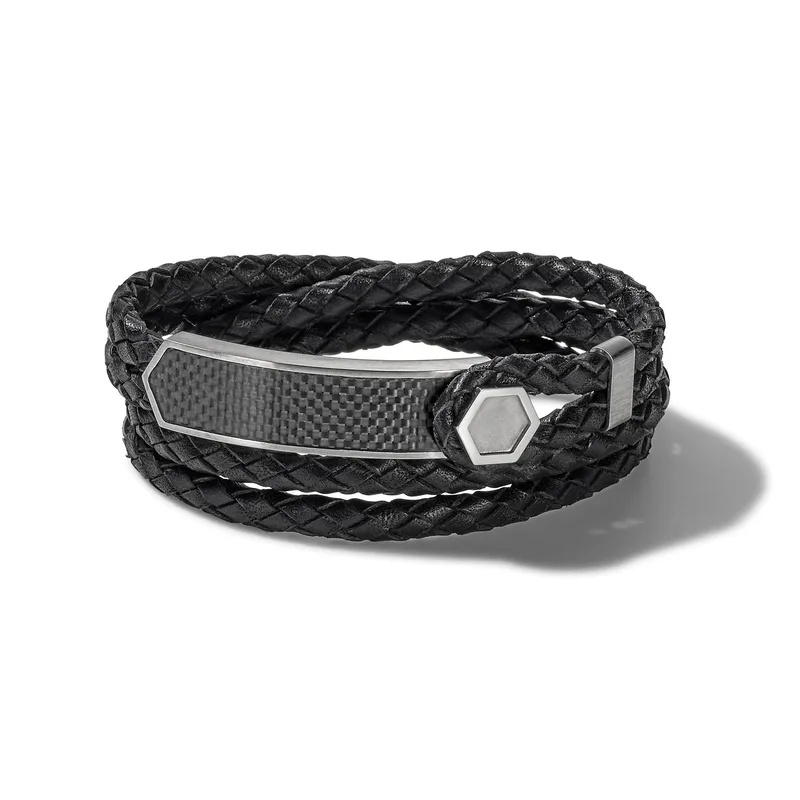 Bulova Jewelry Double Wrap Braided Black Leather And Stainless Steel Bracelet - Large